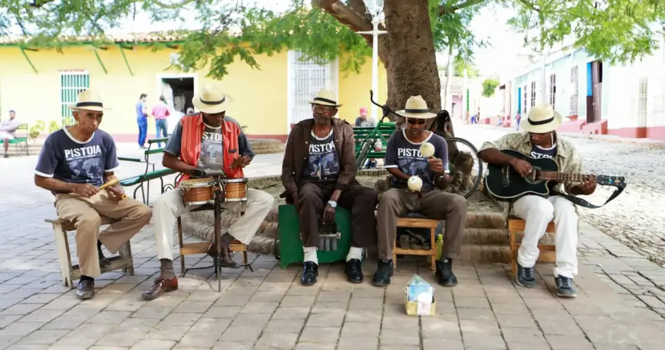 Group of musicians playing various instruments under a tree on a vibrant street.